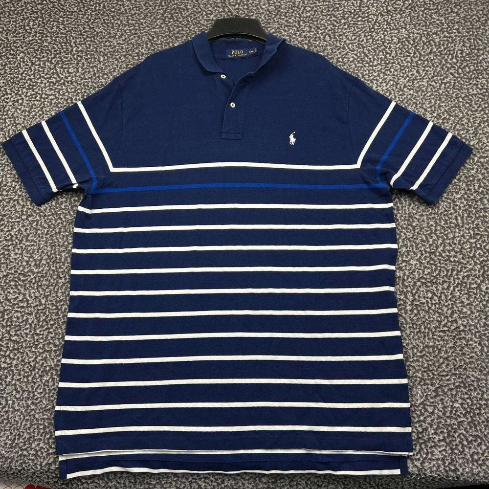 Polo Ralph Lauren Polo Shirt Men XXL Navy Blue White Striped Short Sleeve 2XL